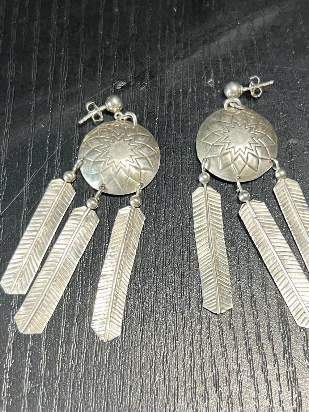 Vintage Mexican sterling silver concho feather dangle earrings sterling silver